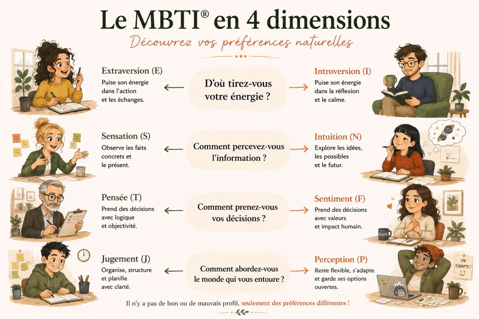 MBTI illustration 1600 MBTI en 4 dimensions